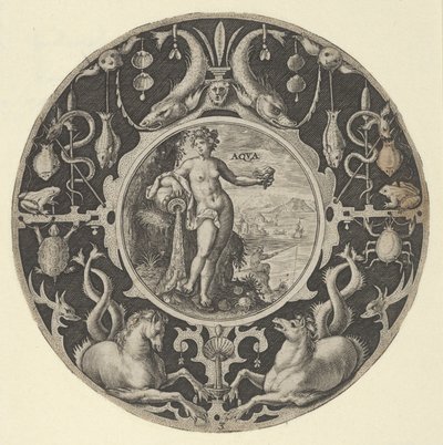 „Aqua” dekoratív szegélyben tengeri élőlényekkel, kör alakú minták sorozatából, 1590-1612. alkotó: Crispijn de Passe I