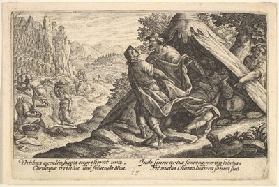 Noé részegsége: Sém és Jáfet befedik Noé meztelen testét, aki egy sátorban fekszik, egy ..., 1612. alkotó: Crispijn de Passe I