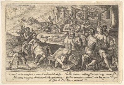 Az özönvíz előtt az emberiség átadja magát a léhaságnak: párok ölelkezése egy ta... körüli padokban, 1612. alkotó: Crispijn de Passe I