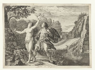 Apollo üldözi Daphnét Ovidius metamorfózisai (sorozat címe) alkotó: Crispijn van de Passe (I)