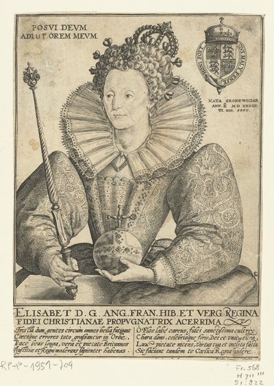 Portret van Elizabeth I Tudor, ten halfen lijve Posvi Devm Aiut Orem Mevm (cím az objektumon) alkotó: Crispijn van de Passe (I)
