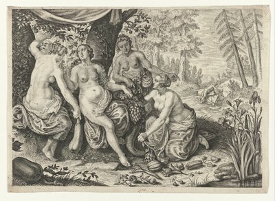 Nimfák töltik be a bőségszarut Ovidius metamorfózisai (sorozat címe) alkotó: Crispijn van de Passe (II) (attributed to)