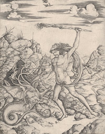Herkules és a Hidra fáklyával megtámadja a szárnyas, sokfejű Hydr..., kb. 1500-1520. alkotó: Cristofano di Michele Martini