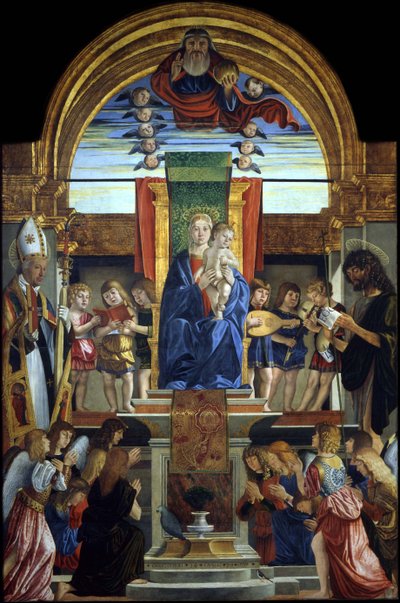 Az Atyaistennel trónoló Szűz és Gyermek, valamint Szent Hilarius és Keresztelő János, 1499 alkotó: Cristoforo Caselli
