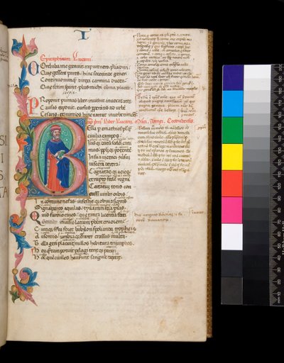 Ms 325. Lucan, Bellum Civile és egyéb művek, f.10r. Világító kezdőbetű [B], teljes alakos szerzői portré lakja, részleges lombszegélybe nyúlik, 1400-10 körül (pergamen) alkotó: Cristoforo Cortese