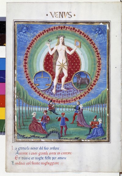 Az egyensúly és a bika csillagjegyeivel együtt. Lent a gáláns jelenetek. Miniatűr Cristoforo de Predis (v. 1440-v. 1486) - a „” De Sphaera””” d