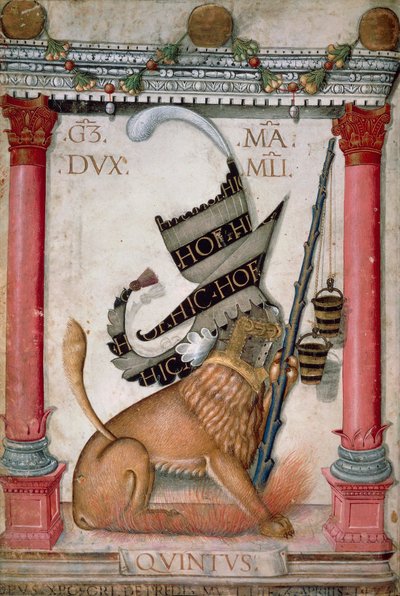 Heraldikai szimbólum, amely oroszlán címerrel, Galeazzo Maria Sforza szikrákkal és vödreivel ábrázolja, Cristoforo de Predis megvilágított oldala az Újszövetségi Kódexből, 124. varia, Olaszország 1475. alkotó: Cristoforo De Predis