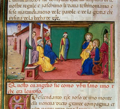 Jézus szombaton elmegy a názáreti zsinagógába, és elolvassa Ézsaiás próféta Miniatűr könyvét, amelyet Cristoforo De Predis (1440-1486) írt az Újszövetség története után. alkotó: Cristoforo De Predis