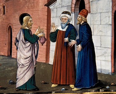 Júdás elmegy a paphoz, és bevallja, hogy elárulta Krisztust, a Leggendario Sforza-Savoia-ból alkotó: Cristoforo De Predis