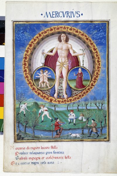 Merkúr a Szűz és a Gemelek állatöv jegyeivel. Lent parasztok dolgoznak a földeken. Miniatűr Cristoforo de Predis (v. 1440-v. 1486) - a „” De Sphaera””” d