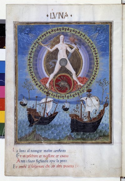 Hold a rák állatöv jelével. Lent, csónakok az emelkedő kancák alatt. Miniatűr Cristoforo de Predis (v. 1440-v. 1486) - a „” De Sphaera””” d