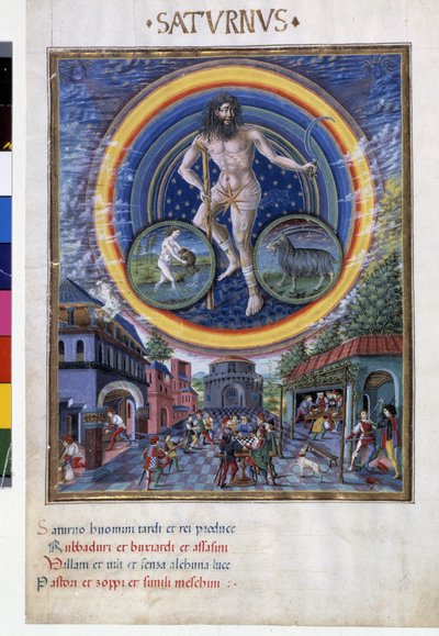Szaturnusz a vízöntő és a bak állatöv jegyeivel. Lent a játékjelenetek és a férfiakra gyakorolt hatása. Miniatűr Cristoforo de Predis (v. 1440-v. 1486) - a „” De Sphaera””” d