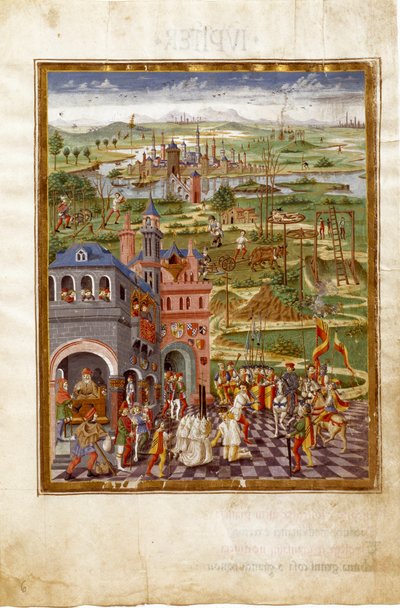 Kínzások és elítélések jelenete egy középkori városban. A Szaturnusz hatásai (miniatűr, 1470 körül) alkotó: Cristoforo De Predis