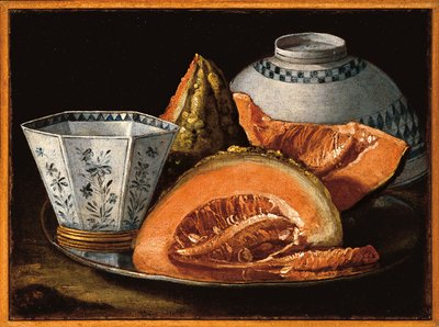 Dinnye és nyolcszögletű csésze ezüst töltőn, mögötte felfordított tál (olaj, vászon) alkotó: Cristoforo Munari