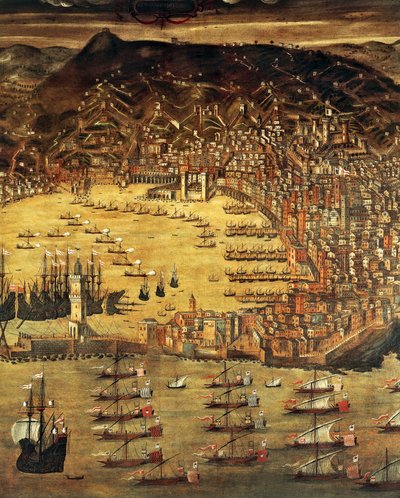 Genova és kikötőjének kilátása, Cristoforo Grassi festménye (1565-1598), Olaszország alkotó: Cristoforo de Grassi