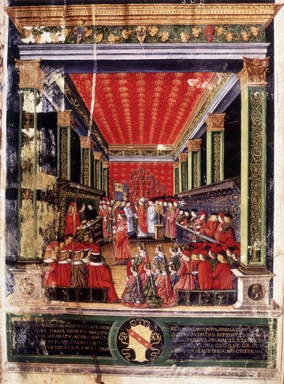 Ludovic Marie Sforza dit le More beiktatása (Ludovico Maria Sforza, il Moro néven) (1452-1508) - megvilágítás Arcimboldi bíboros Misekönyvéből, amelyet a híres miniaturista, Cristoforo de Predis készített. Capitular Library, Milánó. alkotó: Cristoforo De Predis