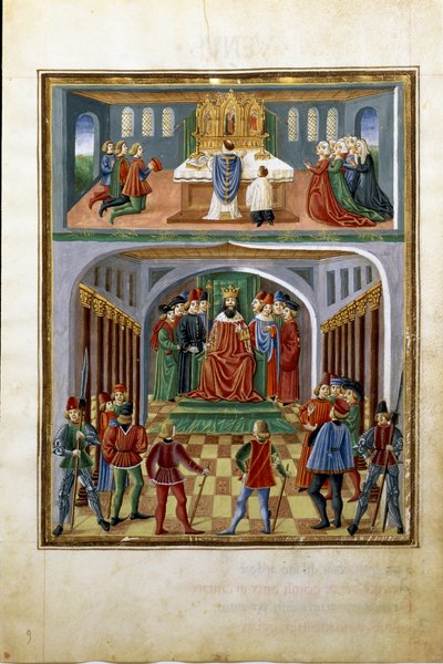 A nap befolyása: világi hatalmak (király udvaroncai előtt) és lelki hatalmak (templomban szolgáló pap). (miniatűr, 1470 körül) alkotó: Cristoforo De Predis
