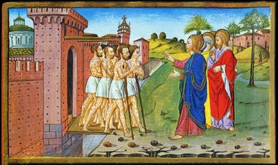 Jézus és a leprások. Cristoforo miniatúrája Predistől - az Újszövetség Historiájában alkotó: Cristoforo De Predis