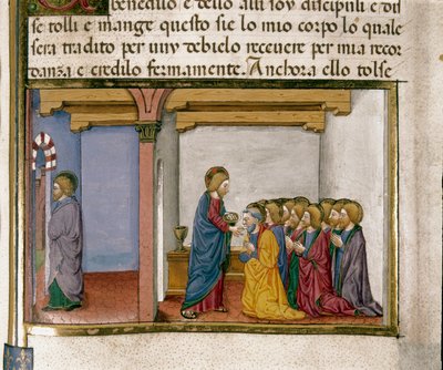 Jézus kenyeret ad az apostolnak, testének jelképét, míg Júdás az Újszövetség története után Cristoforo De Predis (1440-1486) miniatúráját adja. alkotó: Cristoforo De Predis