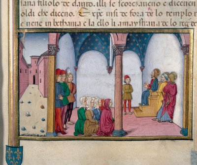 Jézus tanít Cristoforo De Predis miniatűr templomában (1440-1486) az Újszövetség története után alkotó: Cristoforo De Predis