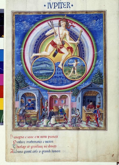 Jupiter a halak és a Nyilas csillagjegyeivel. A földszinten különféle tárgyakat árusító kereskedők. Miniatűr, amelyet Cristoforo de Predis (1440-1486) készített – a „” De Sphaera””” d