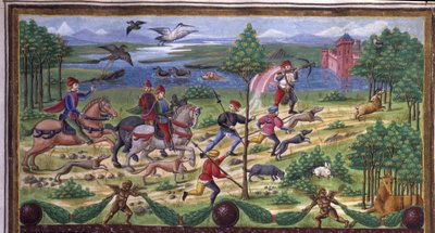 Vadászati ​​részlet a „” Március hatása” című részben: vadászat és udvar. Miniatűr, amelyet Cristoforo de Predis (kb. 1440-kb. 1486) készített - a „” De Sphaera ”” ”d