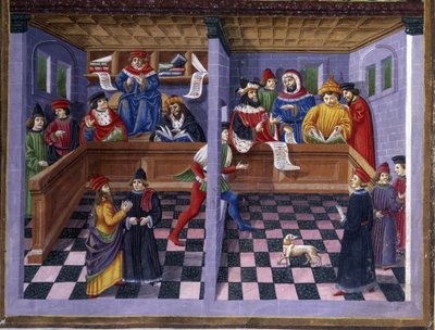 A Törvényszék (Il Tribunale) a „” Március befolyása ””-ban: a vadászat és a törvényszék. Miniatűr, amelyet Cristoforo de Predis (kb. 1440-kb. 1486) készített - a „” De Sphaera ”” ”d