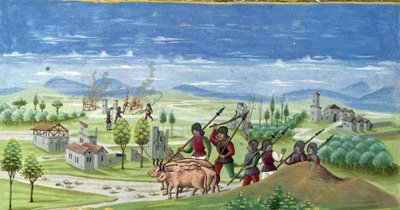 Folytatás a háború alatt. részlet a „” Nap befolyása „”: A háború. Miniatűr, amelyet Cristoforo de Predis (1440-1486) készített – a „” De Sphaera””” d