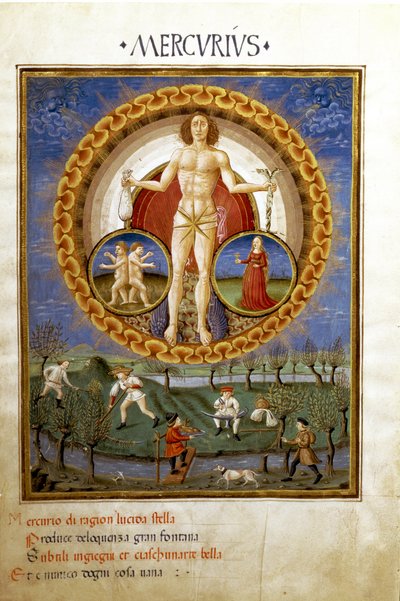 Merkúr a Szűz és a Gemelek állatöv jegyeivel. Földön dolgozó parasztok (miniatűr, 1470 körül) alkotó: Cristoforo De Predis
