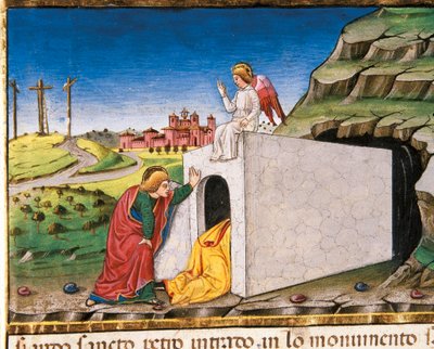 Péter és János apostolok felfedezik az üres Krisztus sírját a Leggendario Sforza-Savoia-ból alkotó: Cristoforo De Predis