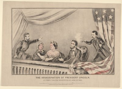 Lincoln elnök meggyilkolása a Fords Theatre-ben, Washington D.C.-ben, 1865. április 14-én. alkotó: Currier and Ives