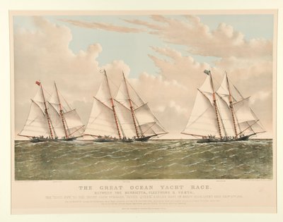 A Great Ocean Yacht verseny a Henrietta, a Fleetwing és a Vesta között alkotó: Currier and Ives