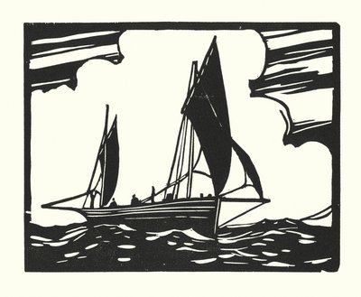 Halászhajók és uszályok: Brighton Clinker-Built Lugger (fametszet) alkotó: Cyril A. Wilkinson
