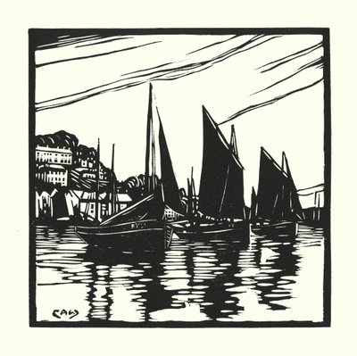 Halászhajók és uszályok: Looe (fametszet) alkotó: Cyril A. Wilkinson