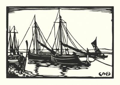Halászhajók és uszályok: Leigh Bawleys (fametszet) alkotó: Cyril A. Wilkinson