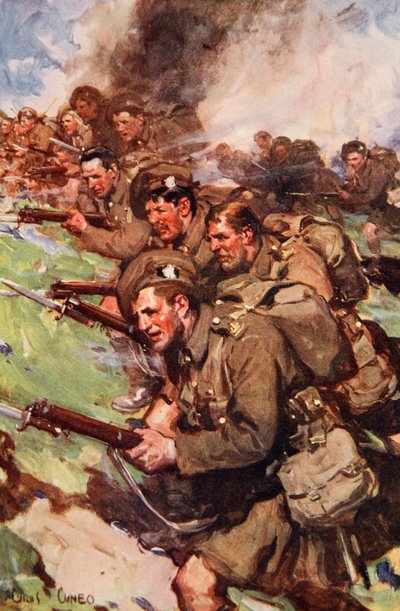 „A Thrilling Charge”, illusztráció a „Told in the Huts: The YMCA Gift Book” című könyvből, 1916-ban alkotó: Cyrus Cuneo