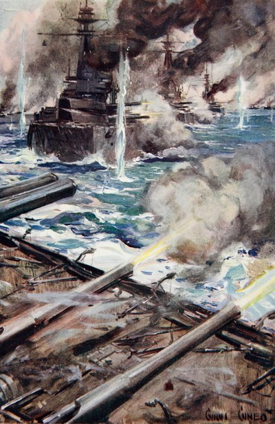 „A csatahajók flottája, amely széles oldalról tüzel”, illusztráció az 1916-ban kiadott „Told in the Huts: The YMCA Gift Book” című könyvből alkotó: Cyrus Cuneo