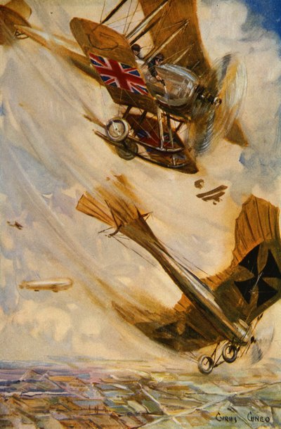 Brit kétfedelű repülőgép pisztollyal lőtt le egy német Taube monoplánt, a háború elején (színes litho) alkotó: Cyrus Cuneo
