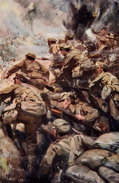„Ellenőrzés visszaverése puskával és bajonettel”, illusztráció a „A kunyhókban elmondott: The YMCA Gift Book” című könyvből, 1916-ban alkotó: Cyrus Cuneo