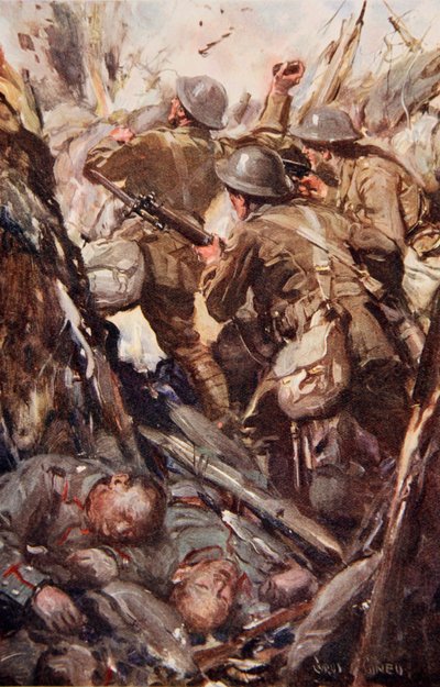 „Bombázott és szuronyos úton haladt felfelé az ellenséges lövészárokban” – illusztráció az 1916-ban megjelent „Told in the Huts: The YMCA Gift Book” című könyvből. alkotó: Cyrus Cuneo