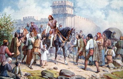IV. Károly a hétköznapi embereket köszönti a prágai erődítmények 1361-es bővítése során, a huszadik század eleji képeslap (színes litó) alkotó: Czech School