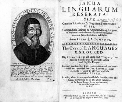 Janua Linguarum Reserata előlapja és címlapja Jan Amos Komensky portréjával, George Glover metszetével, 1650 alkotó: Czech School