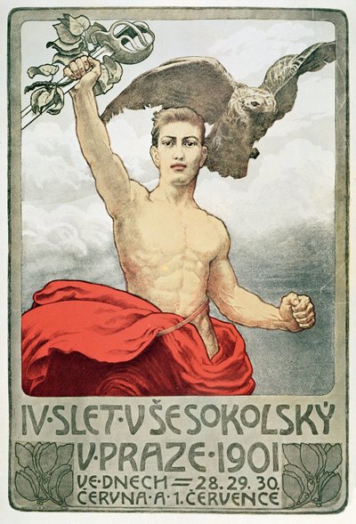 Plakát, amely az 1901-es prágai szokolok 4. közgyűlését hirdeti alkotó: Czech School