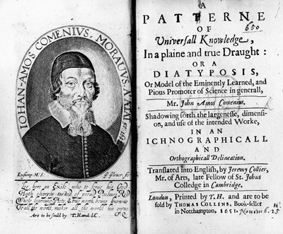 Címlap és előlap az egyetemes tudás mintájához, beleértve Jan Amos Komensky portréját, George Glover metszetét, 1651 alkotó: Czech School