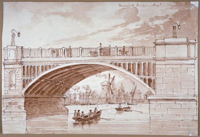 Kilátás egy kis hajóra, amely a Vauxhall híd alatt halad el, London, 1820. alkotó: DHC