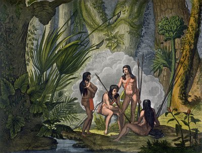 Camacani Tribesmen in Woodland in the Amazon dzsungel, Brazília, Jules Ferrario, „Le Costume Ancien et Moderne”, I. kötet, 53. tábla, megjelent az 1820-as és 30-as évek körül (színes metszet) alkotó: D.K. Bonatti