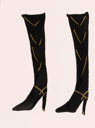 Black Boots, 2017 (fekete india tinta, arany filctollal, papírra) alkotó: Daisy de Villeneuve