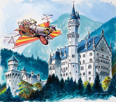 A Chitty Chitty Bang Bang a bajor Alpokban lévő Neushwanstein mellett halad el alkotó: Dan Escott