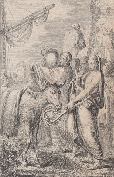 Jobb oldalon egy hajó közelében alakok, némelyik állatokat tart a feje fölött, balra egy ló, 1783 alkotó: Daniel Berger
