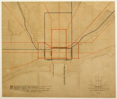 75. tábla a The Plan of Chicago-ból, 1909: Chicago. A város diagramja, amely a teljes rendszert mutatja... alkotó: Daniel Burnham